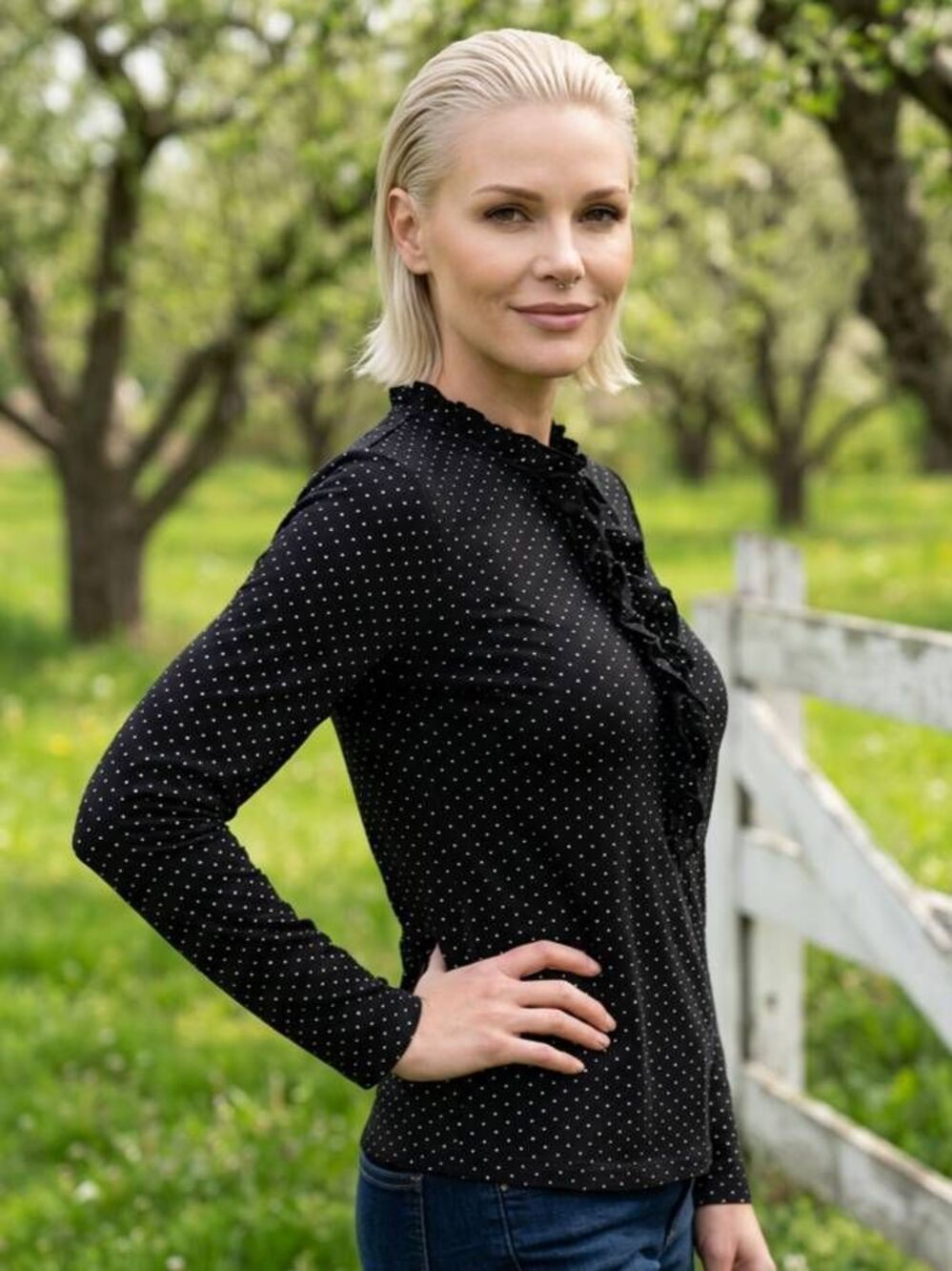 🐞Loft Black w/Pink Polka Dotted Buttoned Ruffled Long Sleeve Top Small
